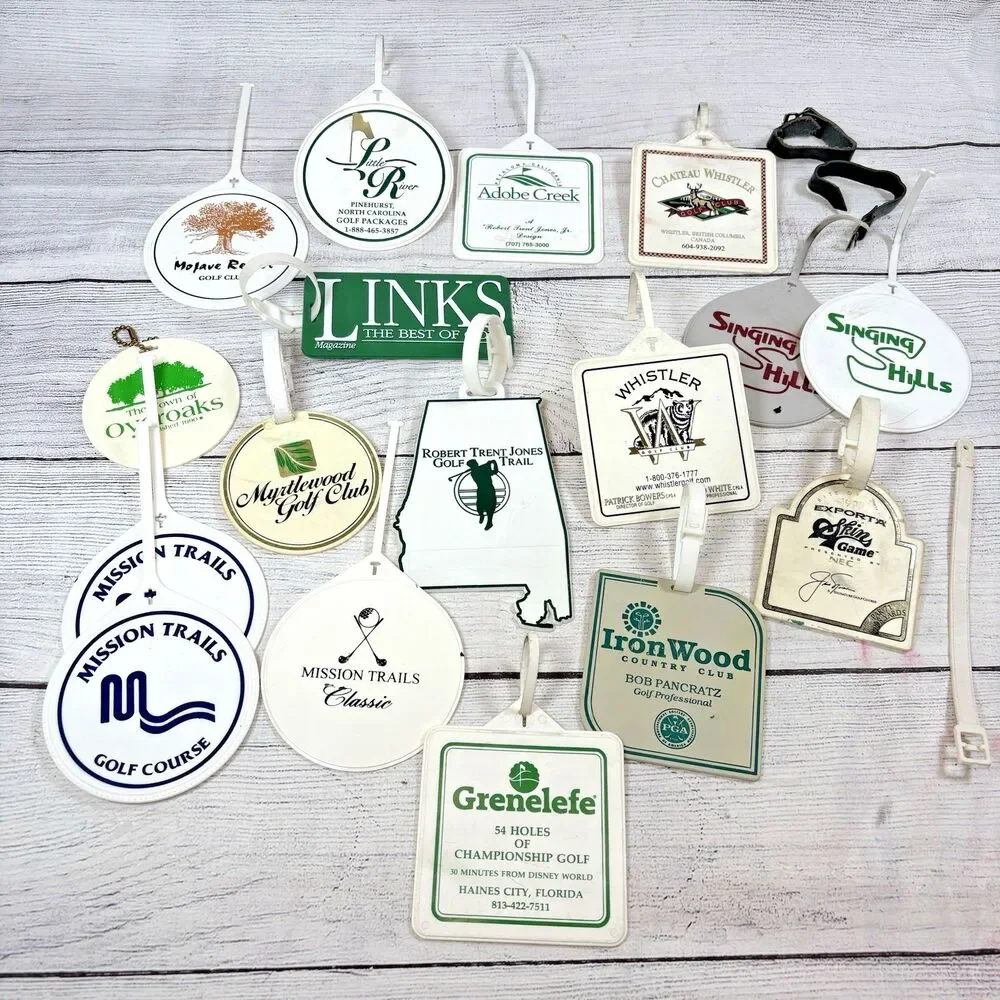 Vintage Golf Bag Tags Various Courses Lot 17 Plastic Whistler Nicklaus Adobe
